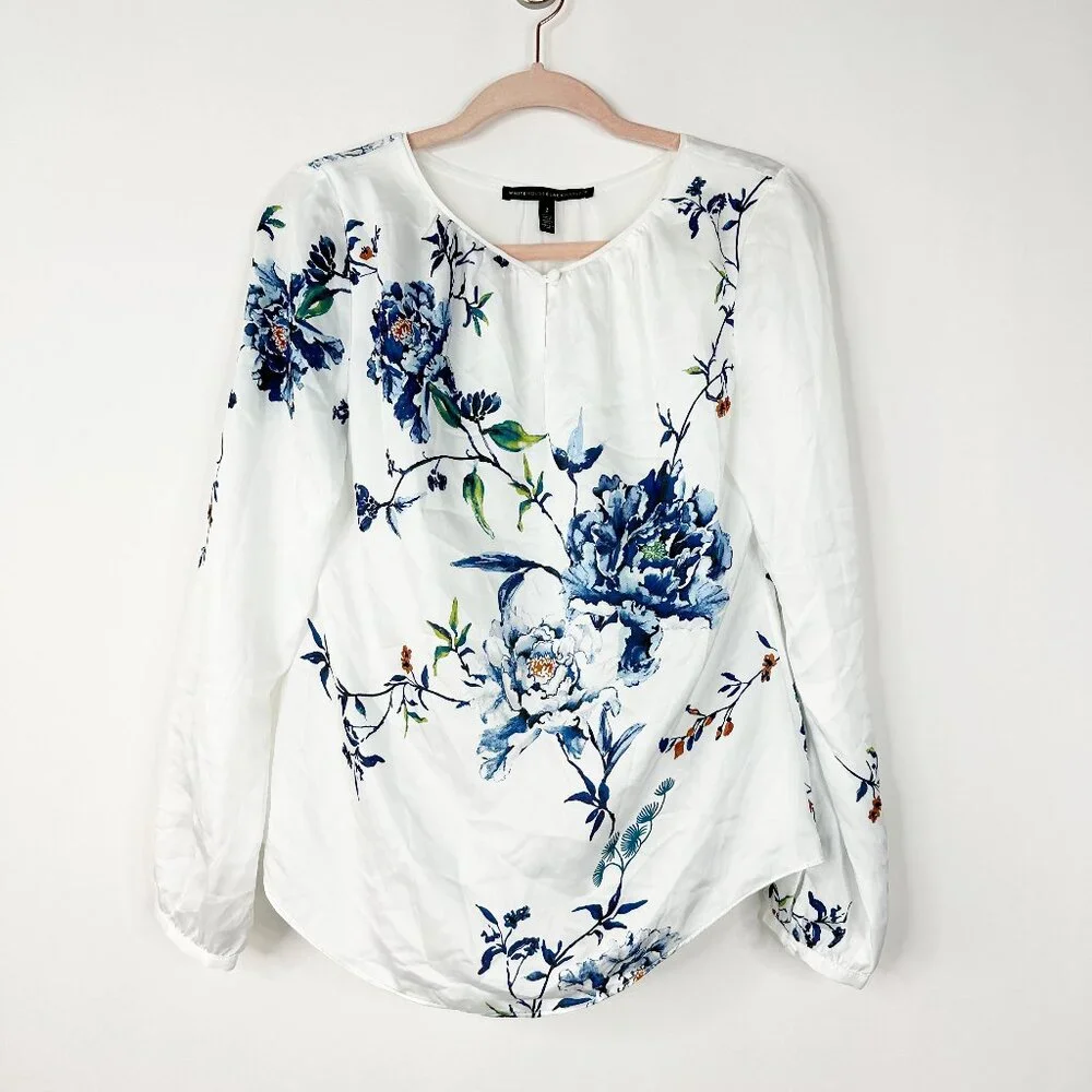 2/$30 White House Black Market Floral Print Long Sleeve Blouse w Keyhole #A0706 - Picture 3 of 9